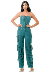 Strapless Tube Top Side Pockets Cargo Washed Denim Jumpsuit