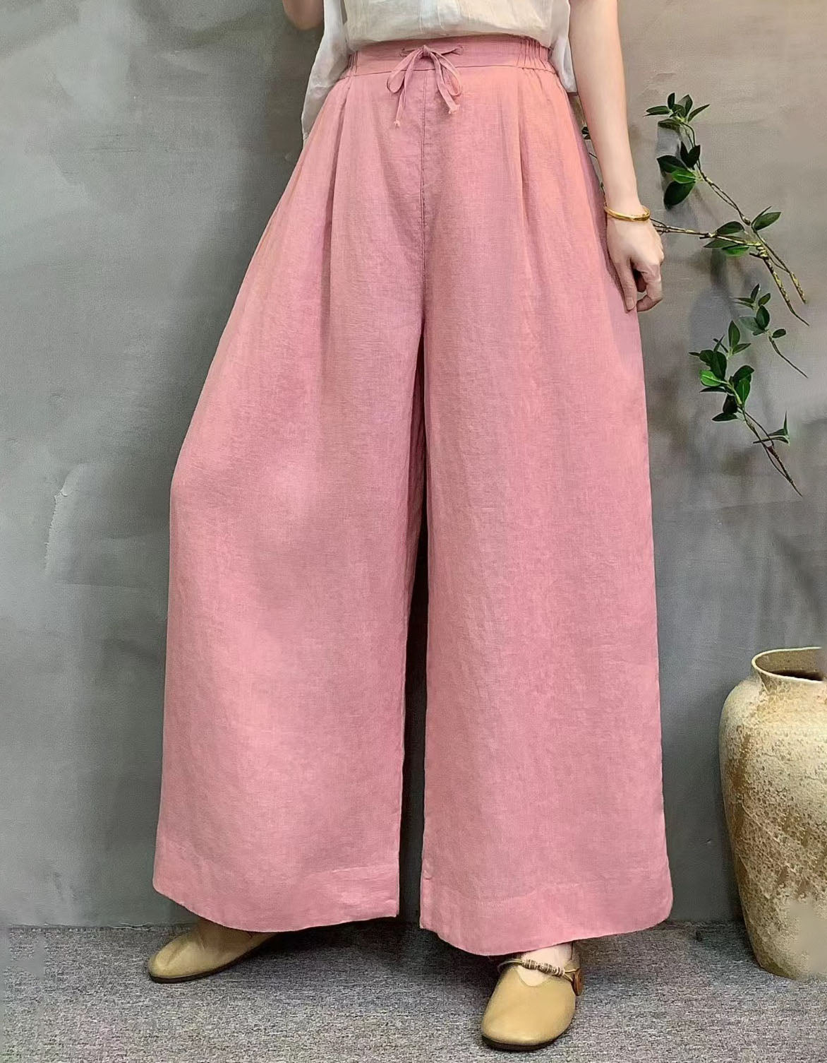 Women Casual Loose Pink Drawstring Linen Summer Trousers