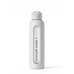 1L (34oz) glass water bottle with straw lid by Just Bottle x Aleks Petrovic