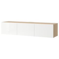 Ikea BESTÅ - TV bench with doors, white stained oak effect/Selsviken high-gloss/white, 180x42x38 cm