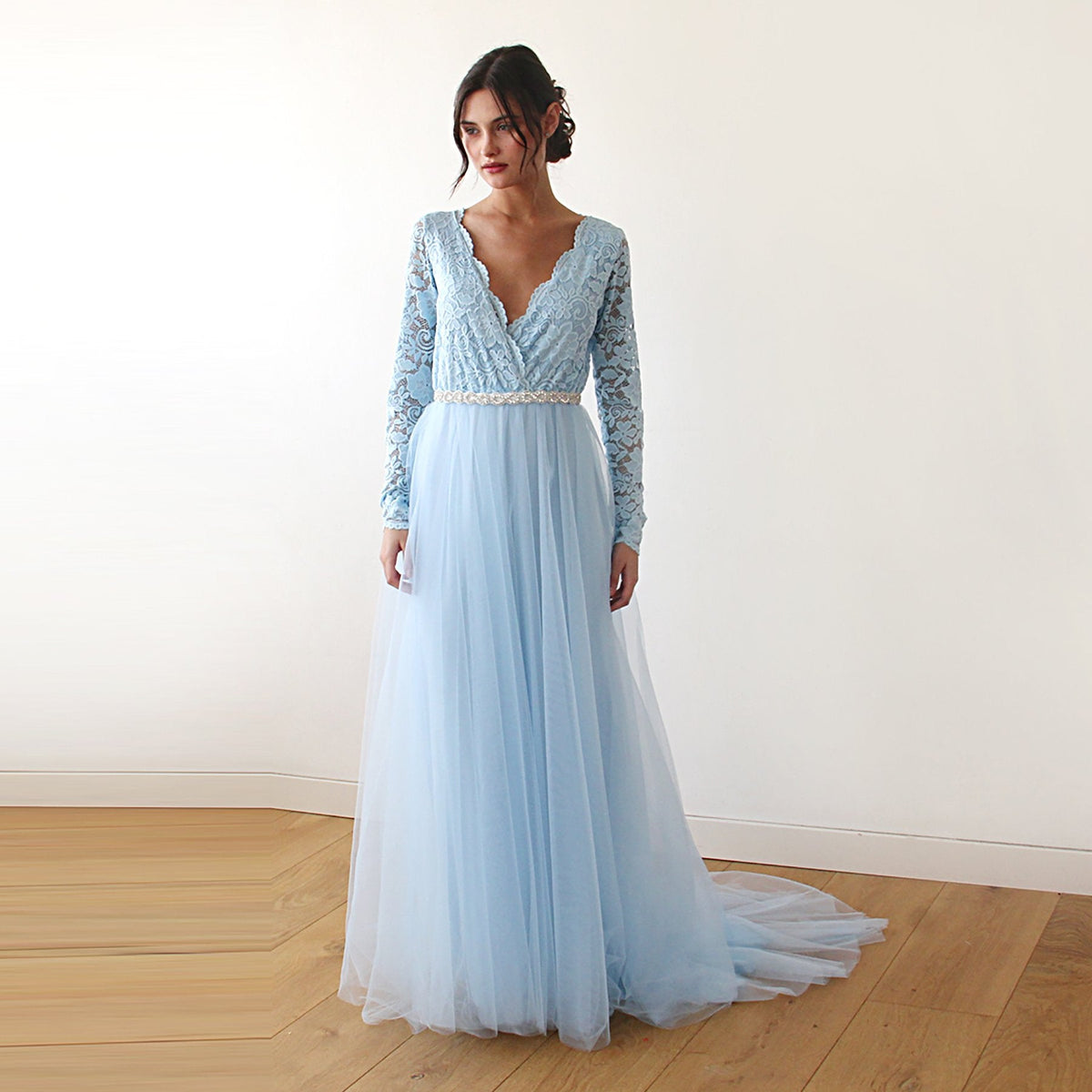 Light Blue Tulle and Lace Dress with Train #1164 Maxi XXS-XS Blushfashion
