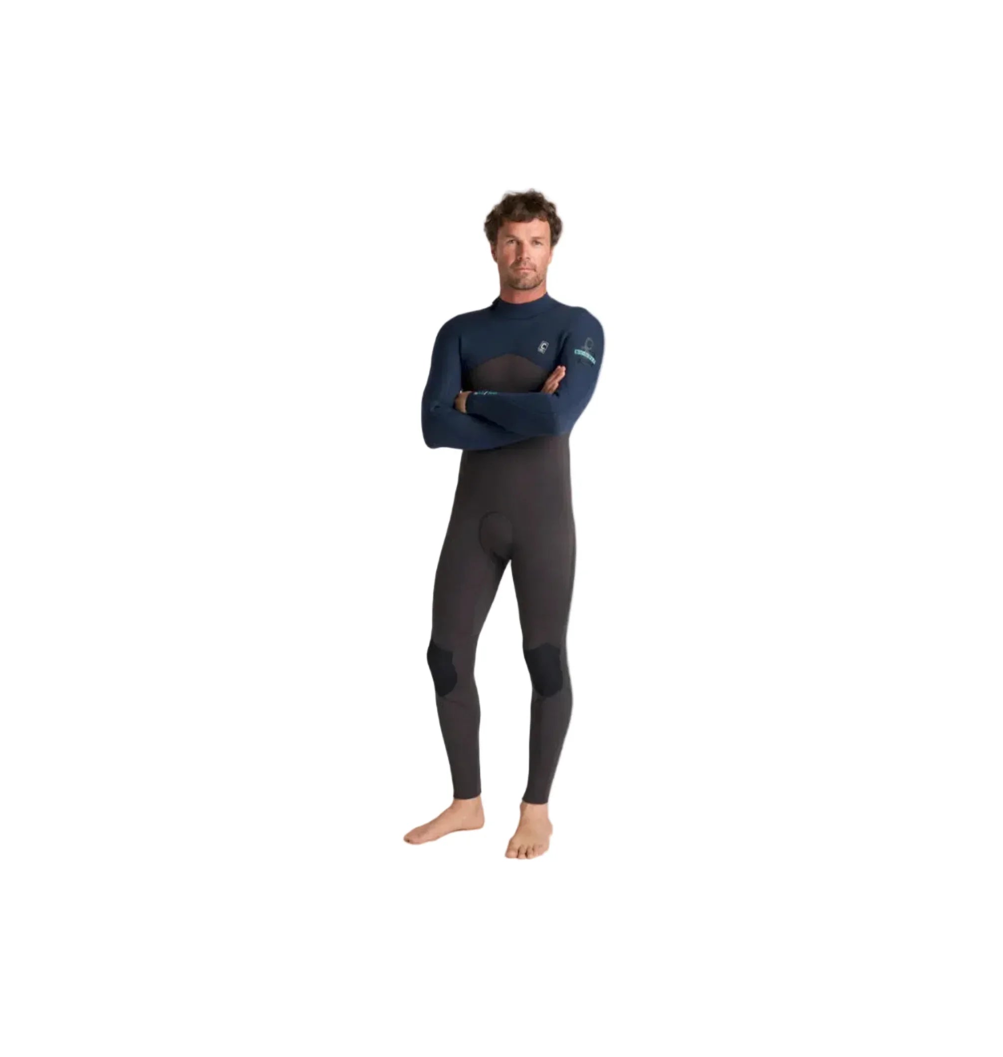Man wearing O'Neill wetsuit, navy and black, for watersports in Whitstable, Kent