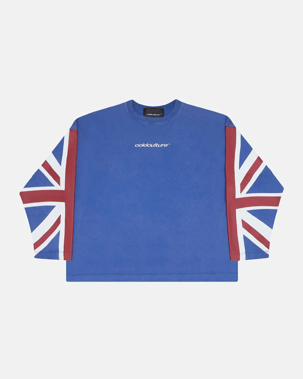 CHEERS LONGSLEEVE ROYAL - royal blue flag print longsleeve tee, front view - Cold Culture