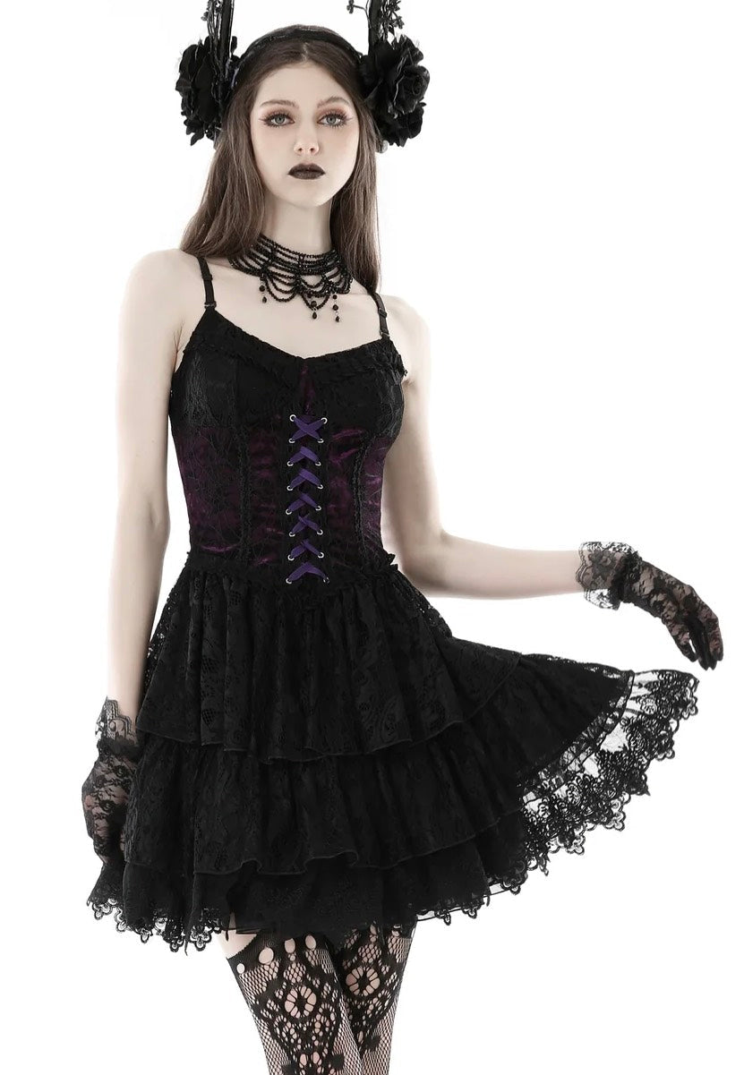 Dark In Love Gothic Sexy Black Purple Lace Mini Black Dress