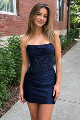 Navy Blue Strapless Bodycon Satin Pleated Short Homecoming & Cocktail Dresses With Beading - KissProm