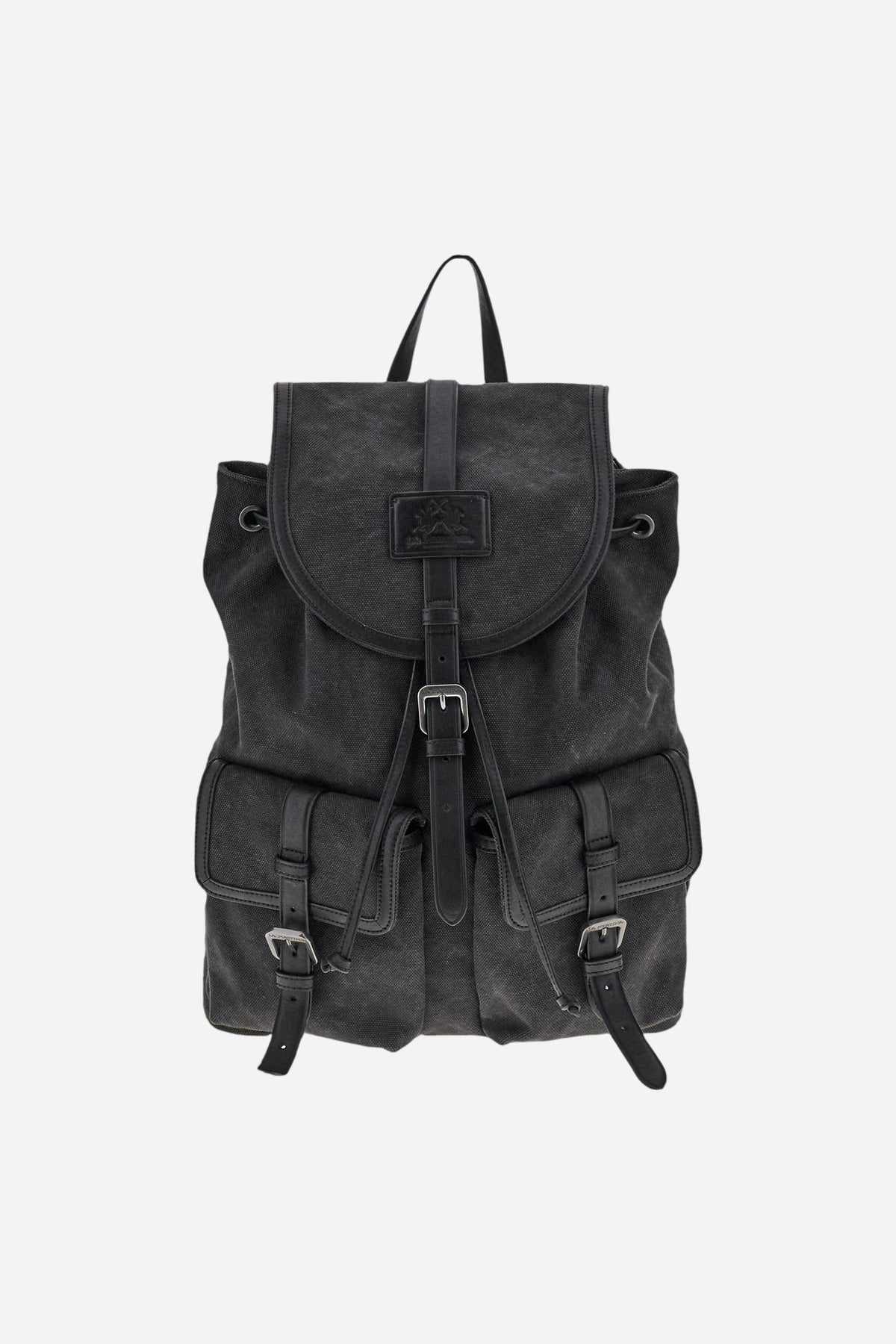 Backpack in washed canvas and leather. Versatile and roomy, with double closure, large front pockets and embossed leather tag. - Black