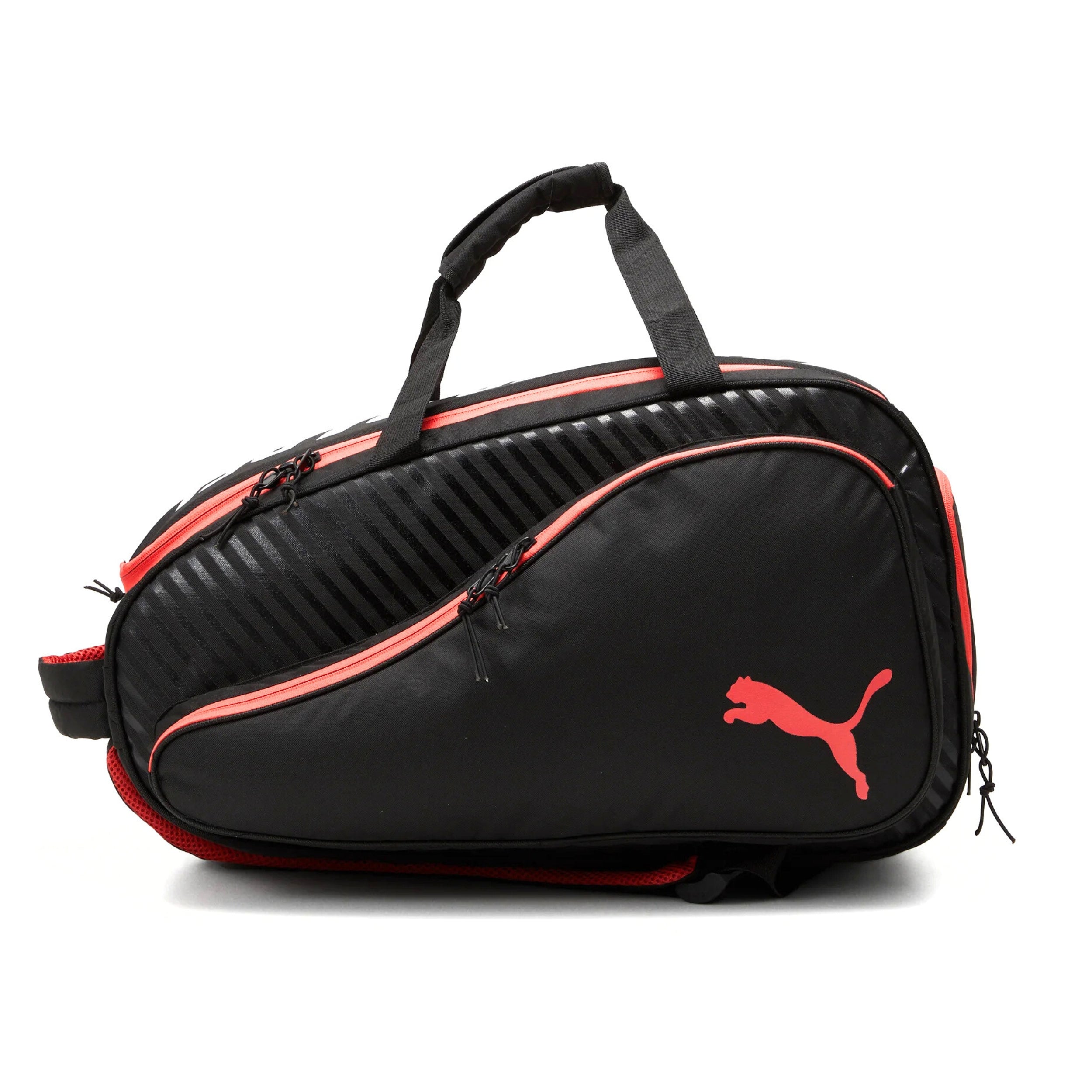 Black duffel bag with red accents and Puma logo on a white background