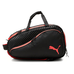 Black duffel bag with red accents and Puma logo on a white background