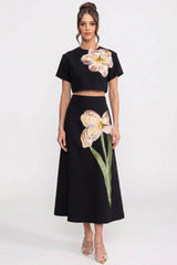 Short-Sleeve Floral-Print Co-Ord Set With Crop Top And Maxi Skirt - Black