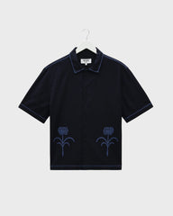 Wax London Keats Short Sleeve Dahlia Embroidery Shirt in Navy/Blue