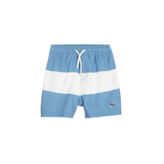 Miles The Label Swim Trunks Light Blue with white stripe; model ties the white drawstring at the waist.