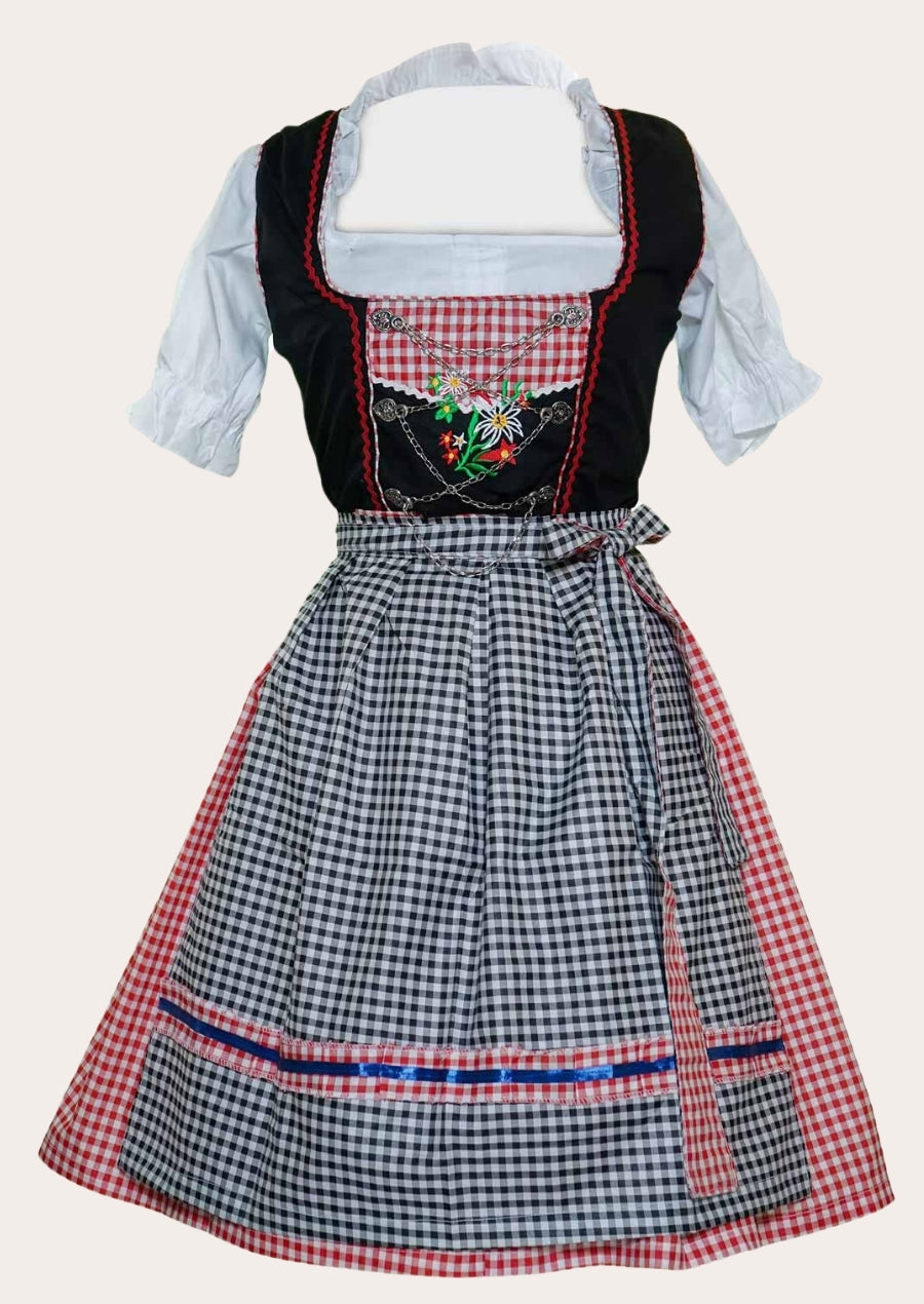 A traditional German dirndl featuring a fitted waist, bold red and black color palette with subtle check detailing, and a floral print apron.