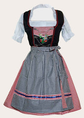 A traditional German dirndl featuring a fitted waist, bold red and black color palette with subtle check detailing, and a floral print apron.