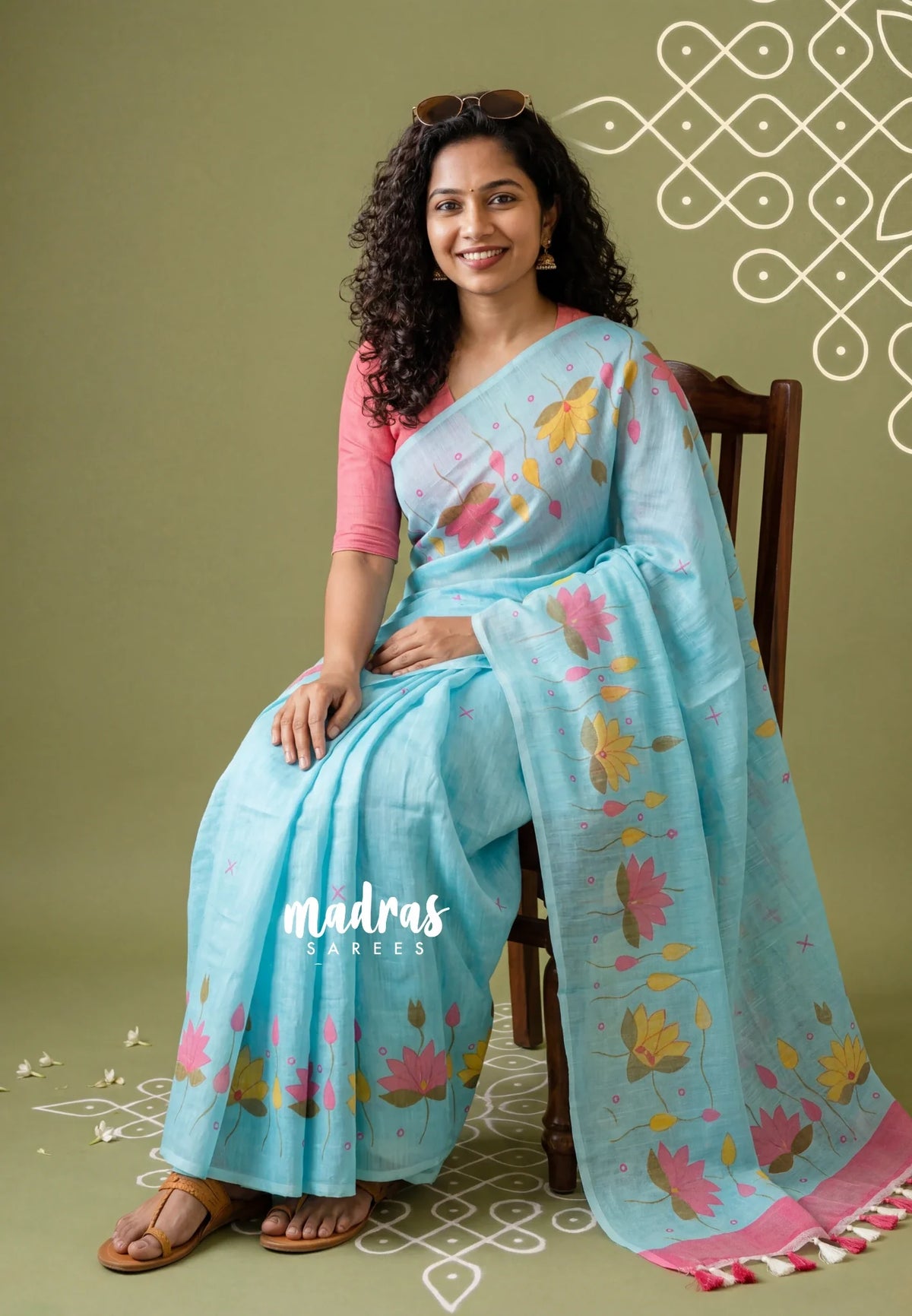 Sky Melody Blue - Pragathi - Linen Cotton Saree Lotus Prints Border wiht Contrast Blouse - Perfect for Office Wear | Summer wear | Casual Wear