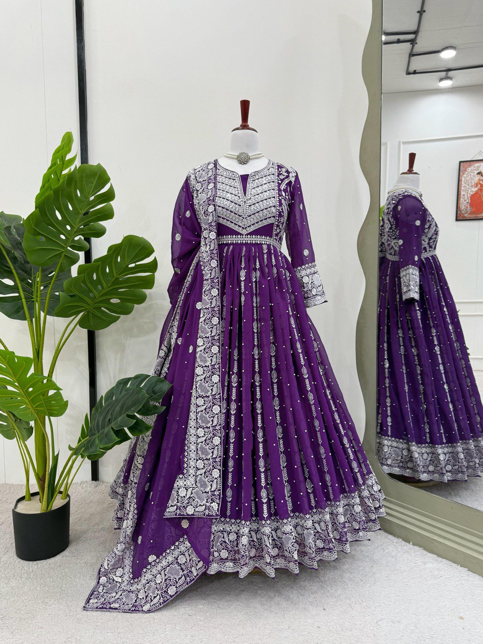 Purple Elegant Faux Georgette Thread & Sequin Embellished Suit Set with Rivet Moti Detailing ClothsVilla