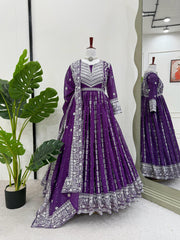 Purple Elegant Faux Georgette Thread & Sequin Embellished Suit Set with Rivet Moti Detailing ClothsVilla