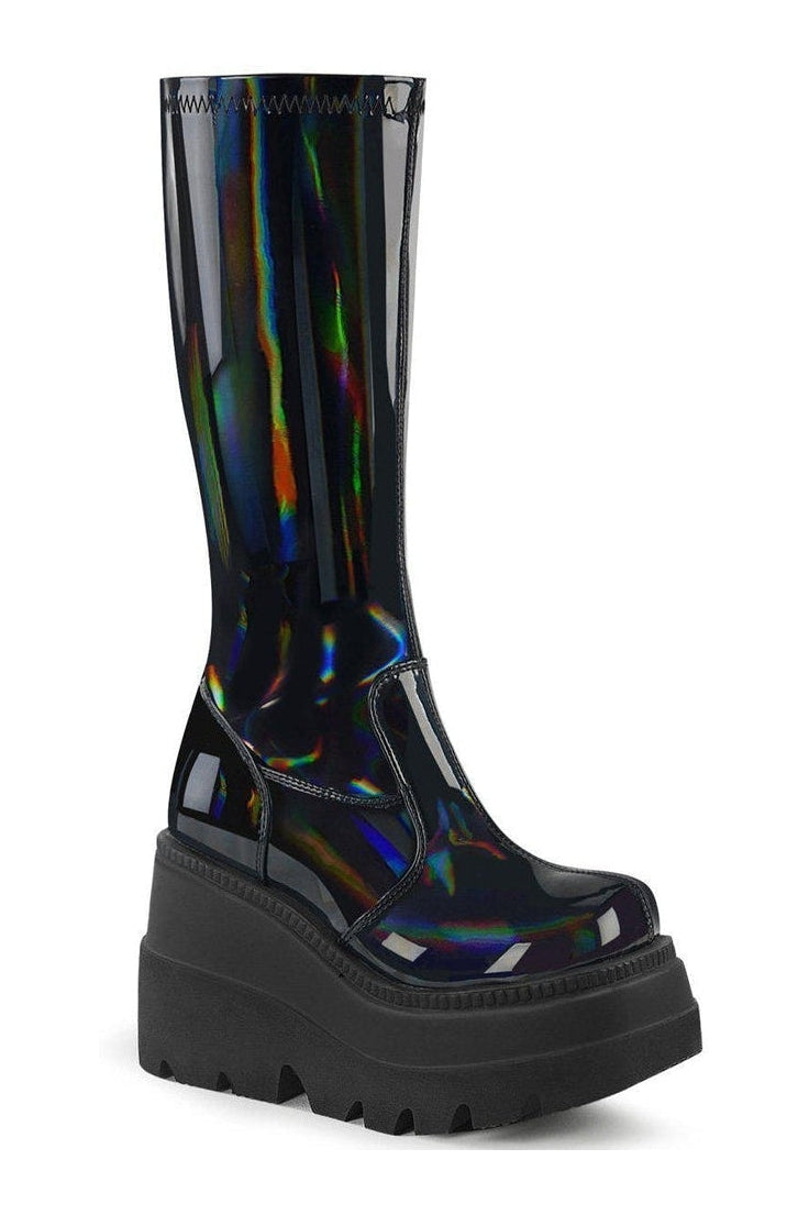 Demonia SHAKER-65 Knee Boot in Black Patent from SexyShoes.com