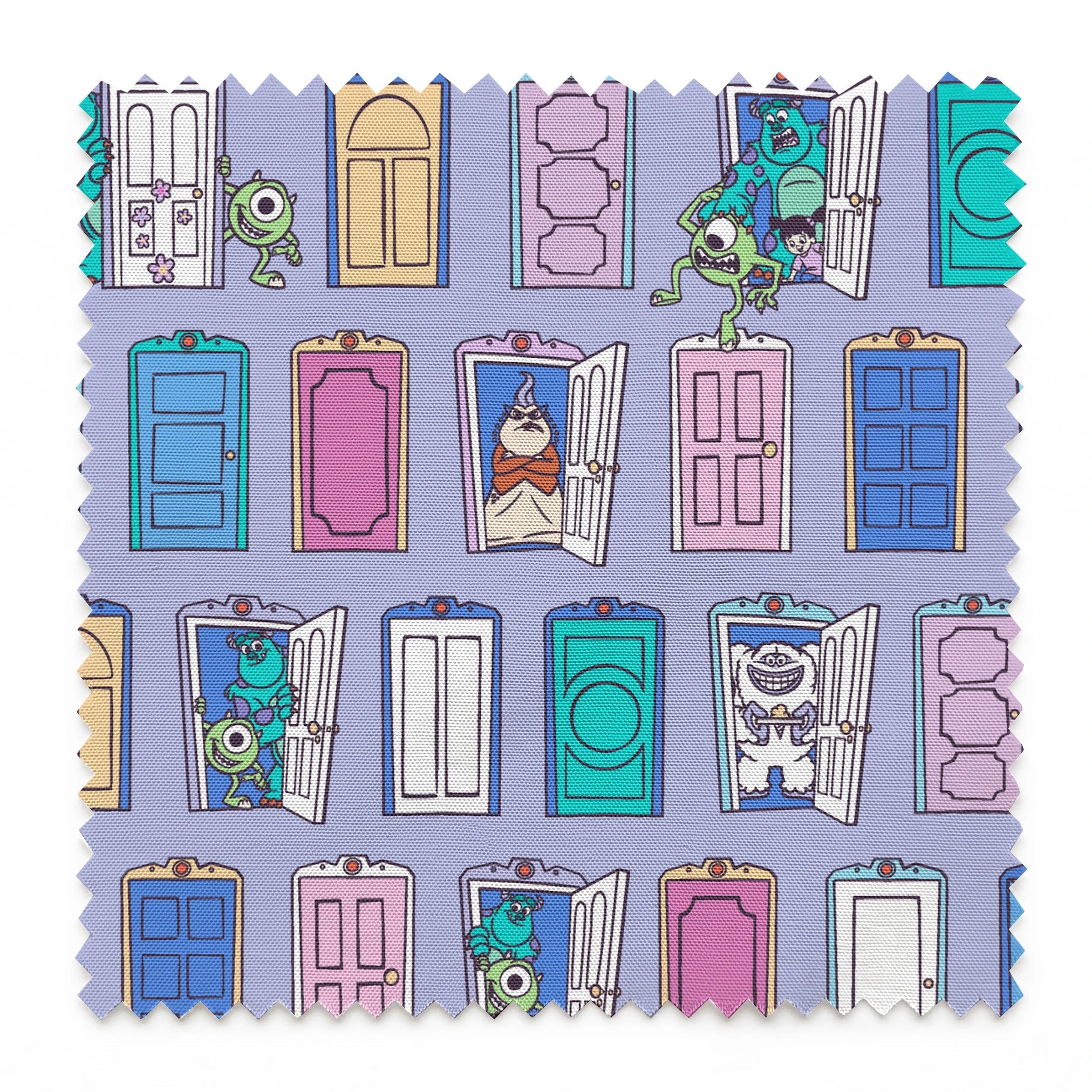 Colorful pattern of cartoon monster characters peeking through various doors in purple, blue, pink, and green on a lavender background. springs swatch pinked