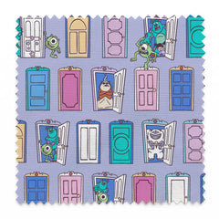 Colorful pattern of cartoon monster characters peeking through various doors in purple, blue, pink, and green on a lavender background. springs swatch pinked