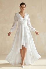 A-Line V-Neck Long Sleeves Elegant Casual Asymmetrical Chiffon Wedding Dress with Zipper Back – Wedding Dresses by KissProm | Available at KissProm